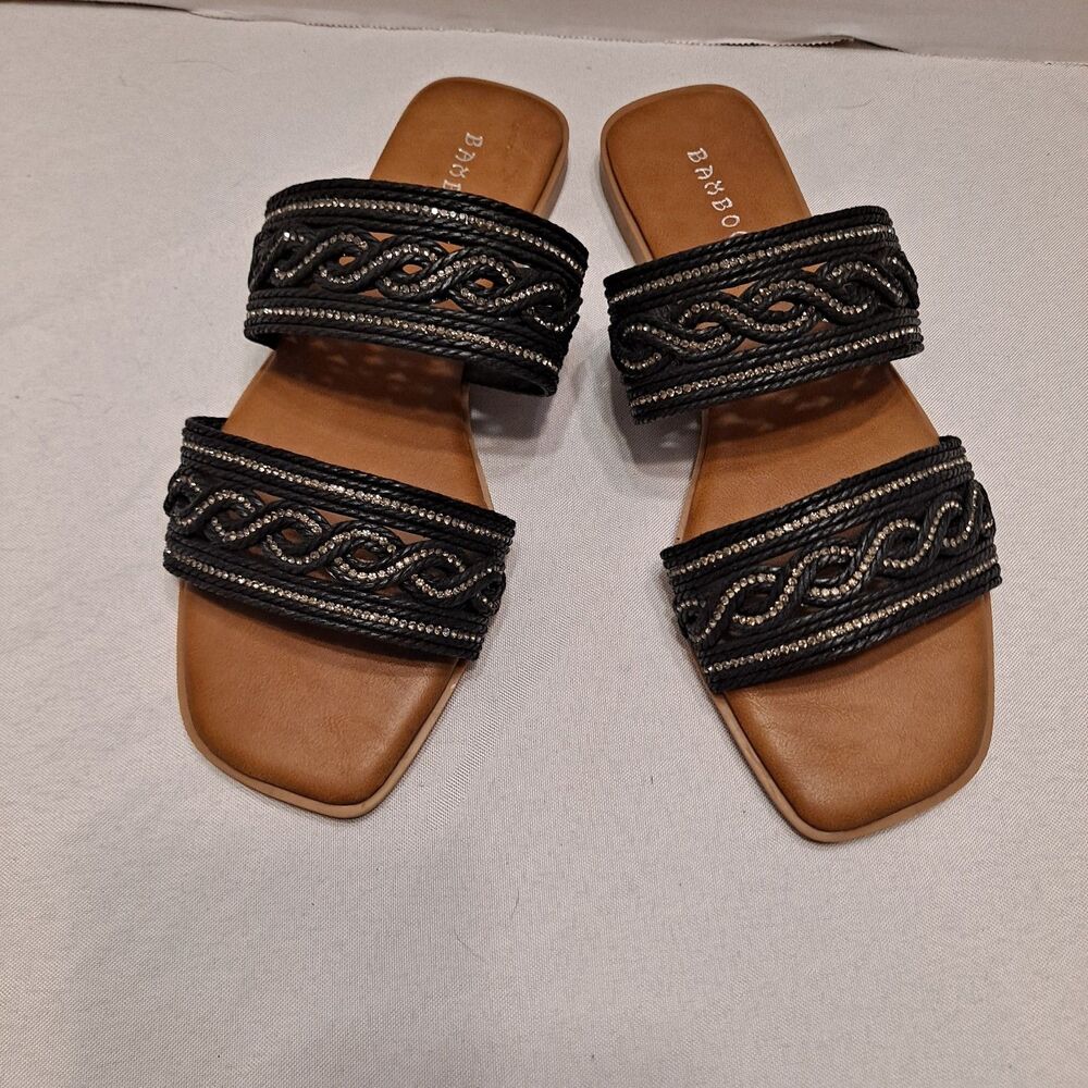 Bamboo Women's Braided Rhinestone Sandals Size 7 Black 2-Straps Slides